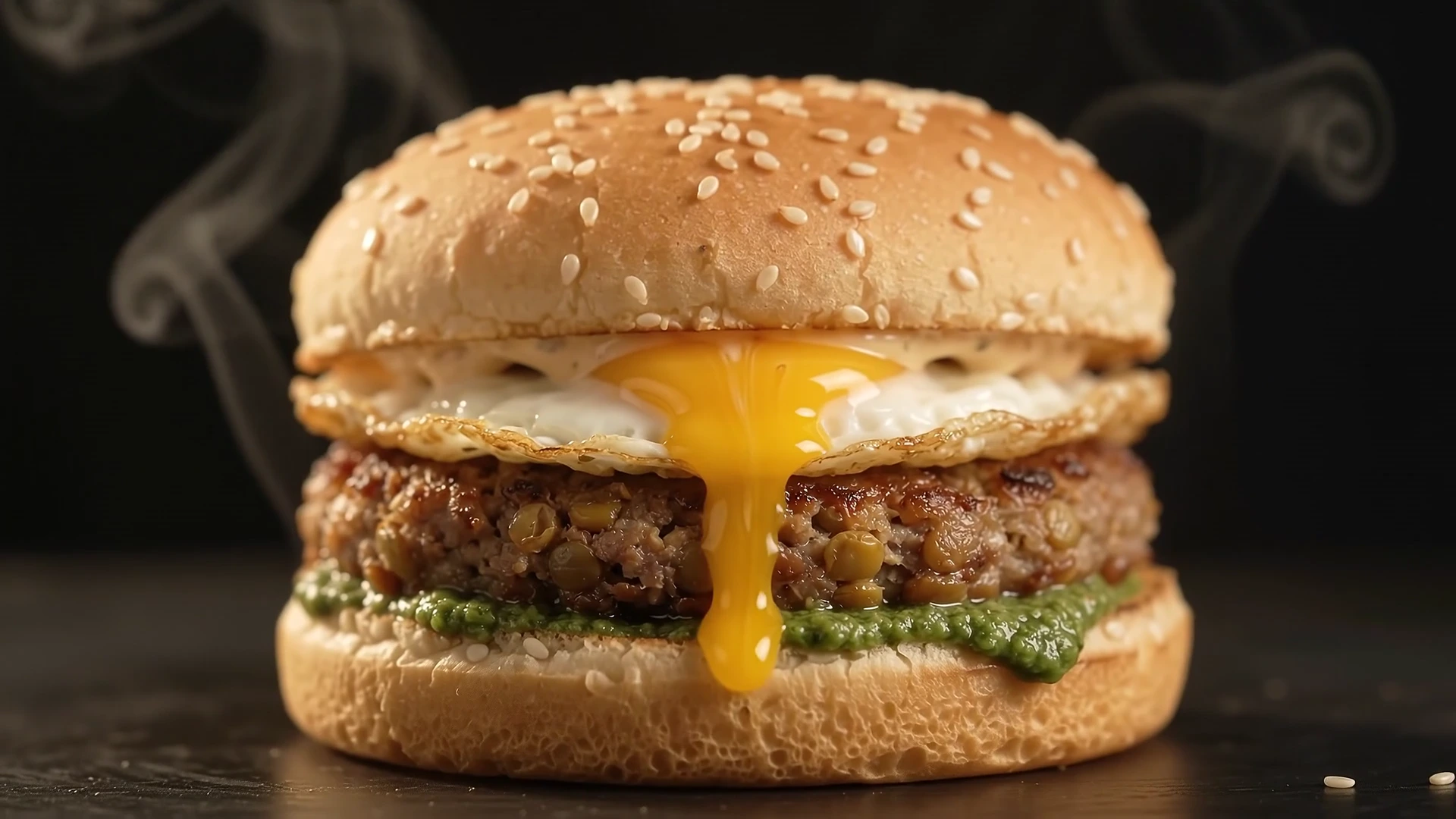 An Anda Shami burger with a seasoned shami patty, cooked egg, cabbage, onion and green chutney