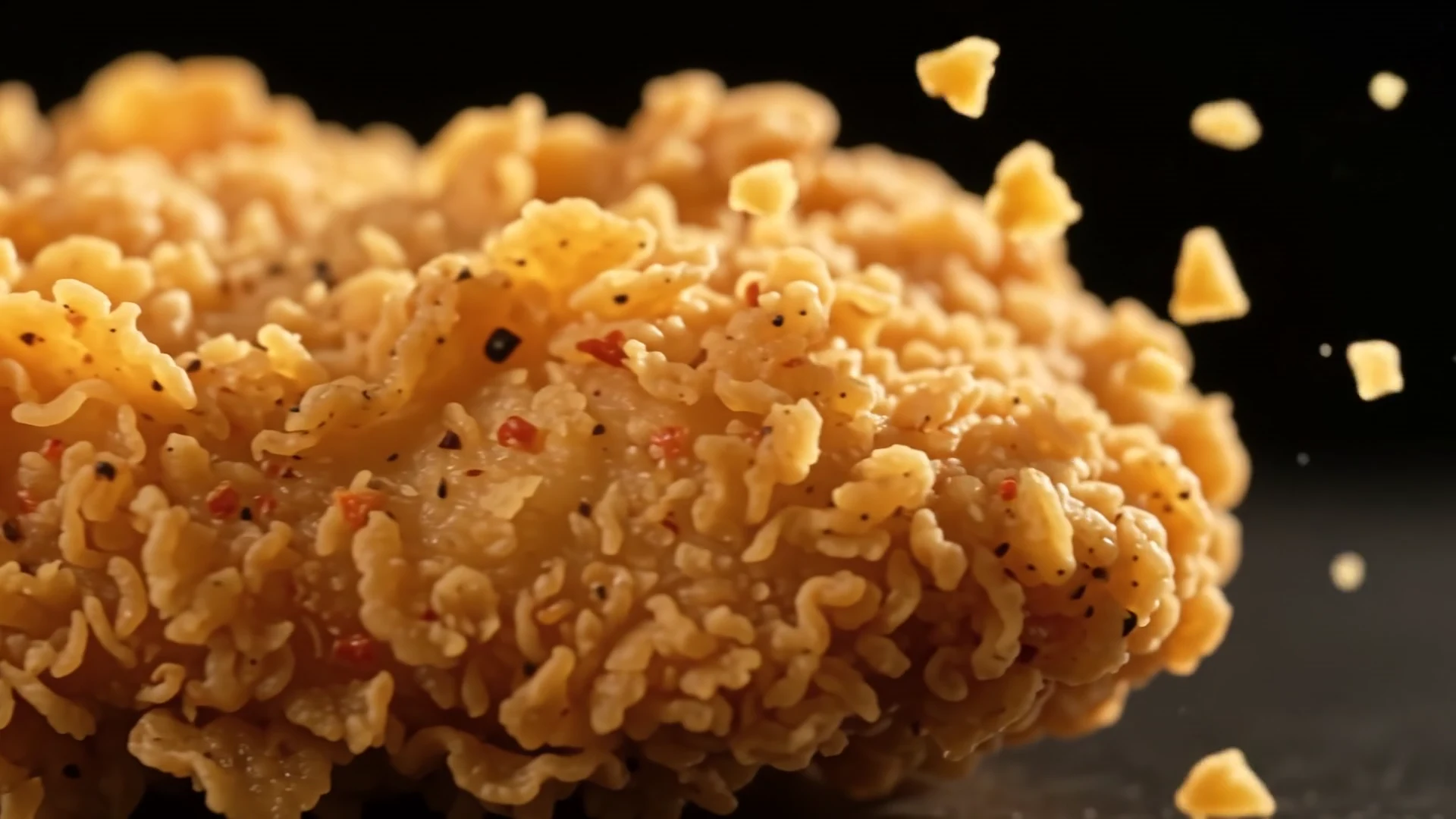 Golden chicken texture and crumbs in cinematic warm light