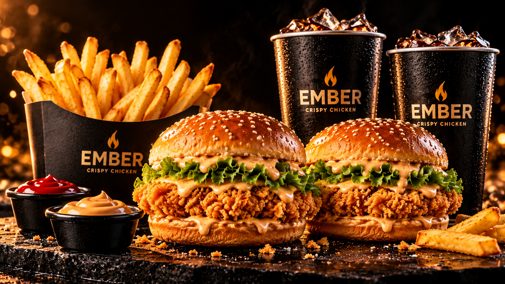 EMBER Duo artwork with two crispy chicken burgers, large fries, two colas and sauces