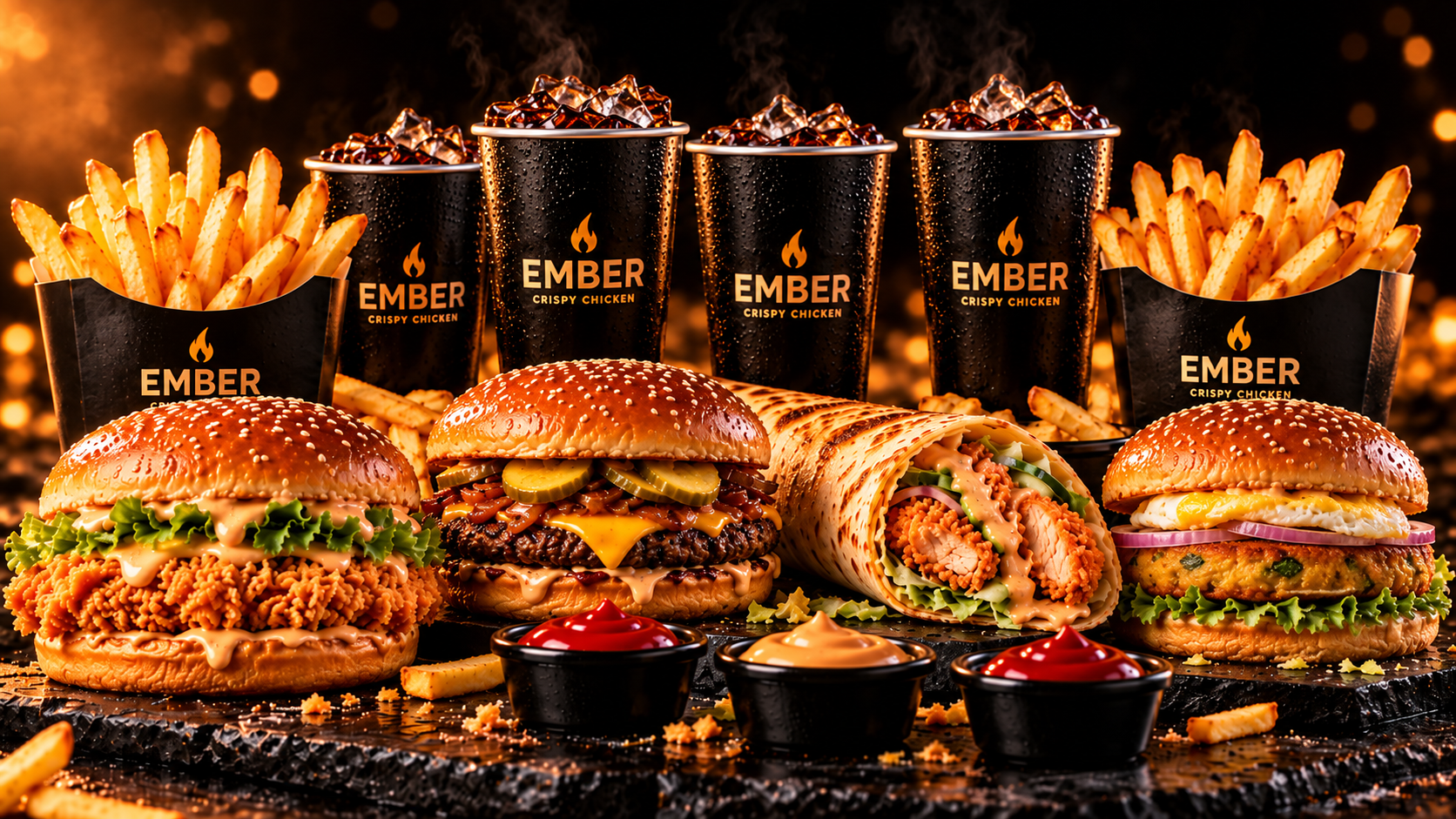 EMBER Feast artwork with four food products, two fries, exactly four cola cups and sauces