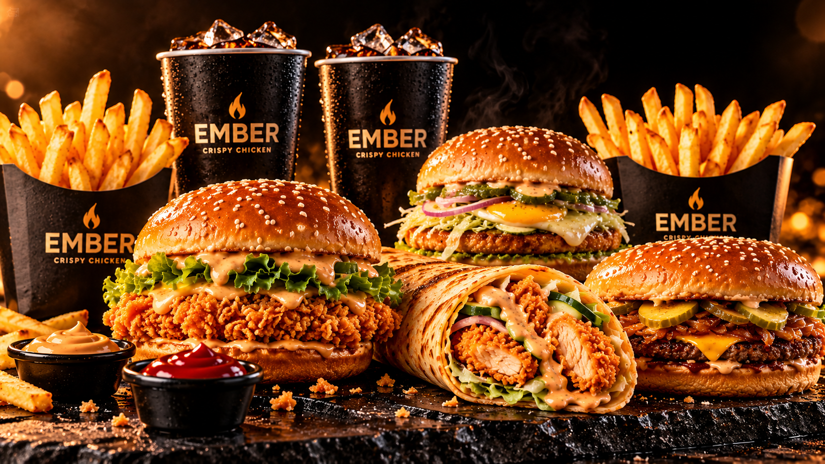 Supplied EMBER Mix artwork featuring a selection of burgers, a chicken roll, fries, two colas and sauces