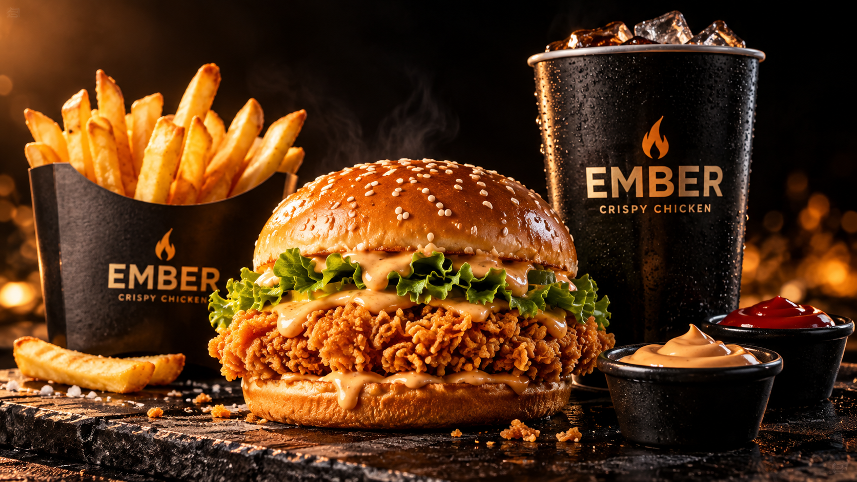 EMBER Solo artwork with a crispy chicken burger, golden fries, one cola and sauces