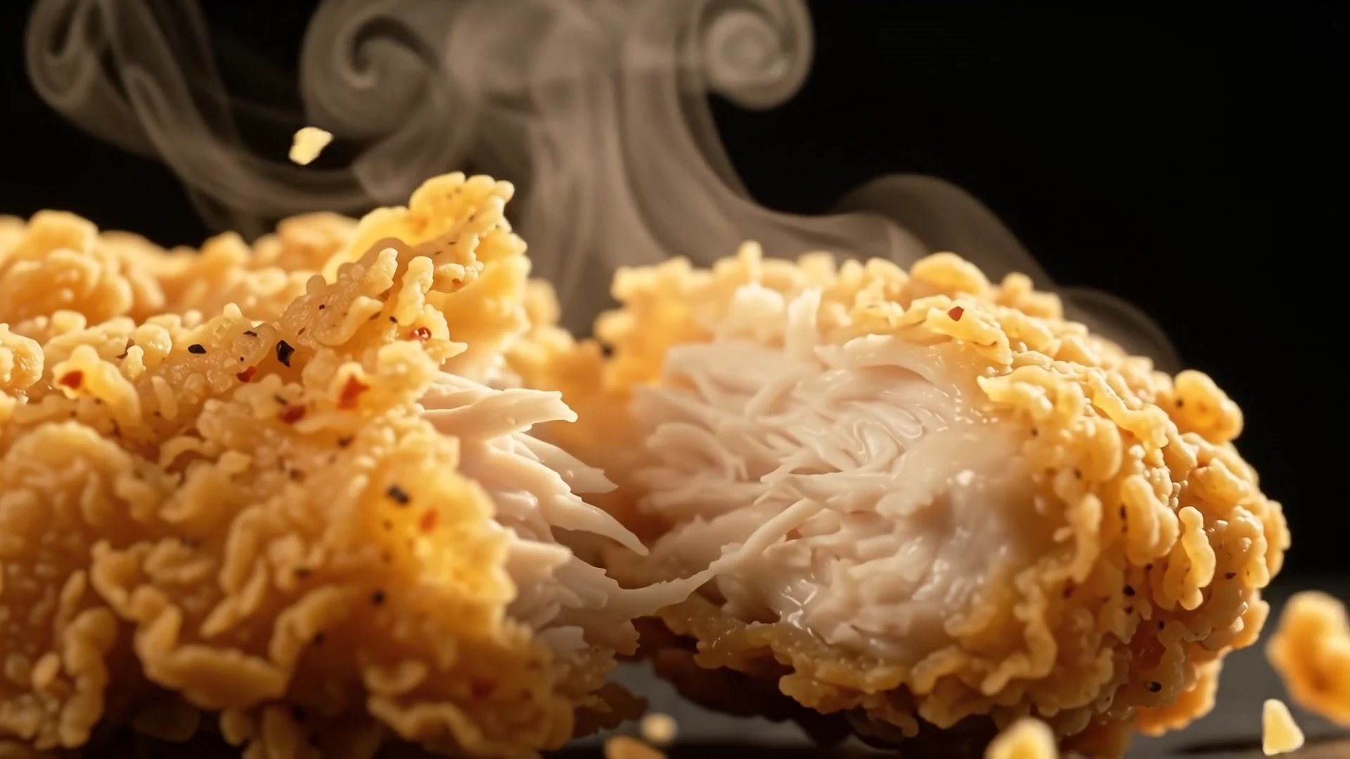 Golden crispy chicken opened to reveal the tender white interior and rising steam