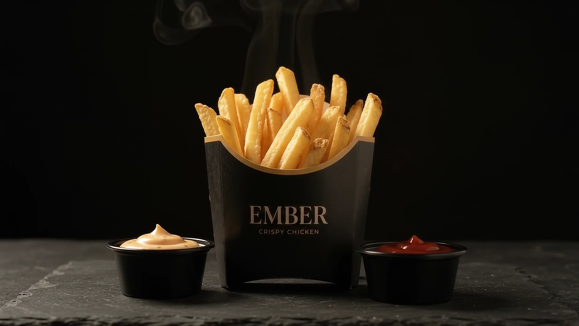 Golden fries in an EMBER carton with spicy mayo and ketchup