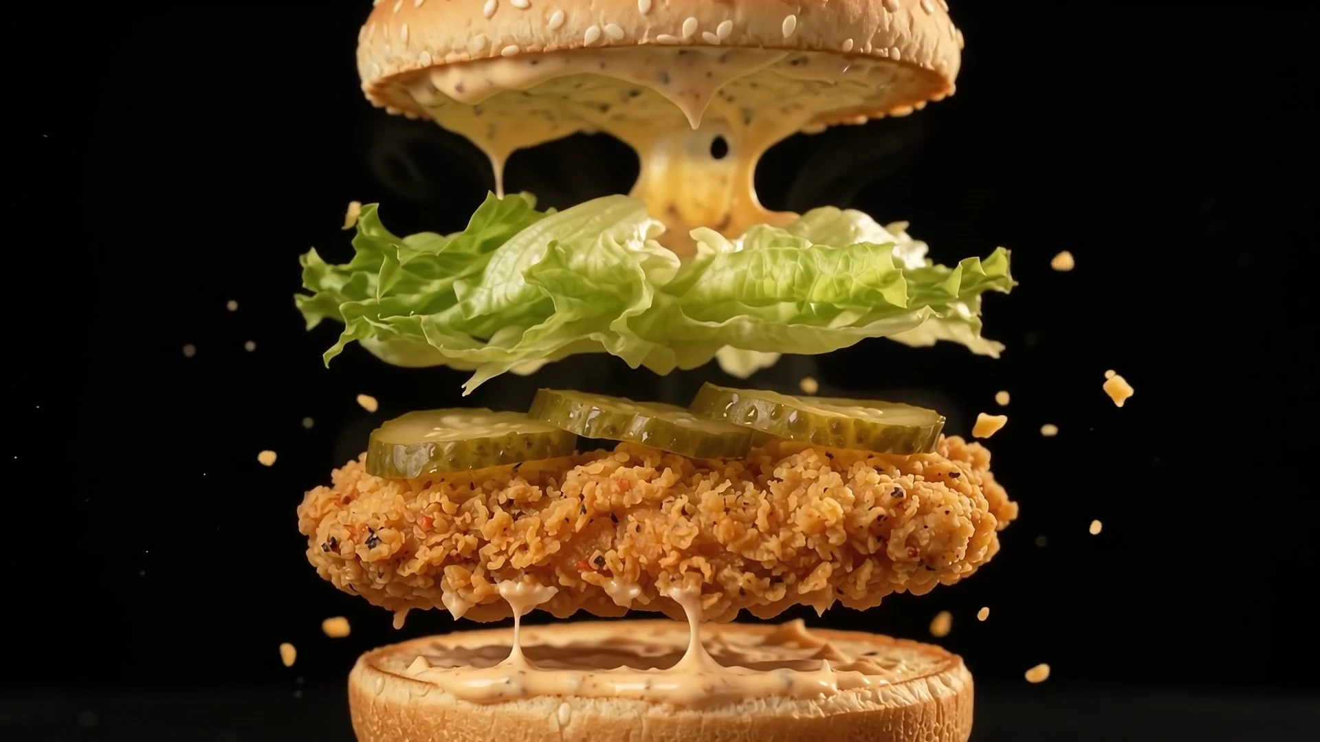 The burger's sesame bun, spicy mayo, iceberg lettuce, tangy pickles and crispy fillet separated into layers
