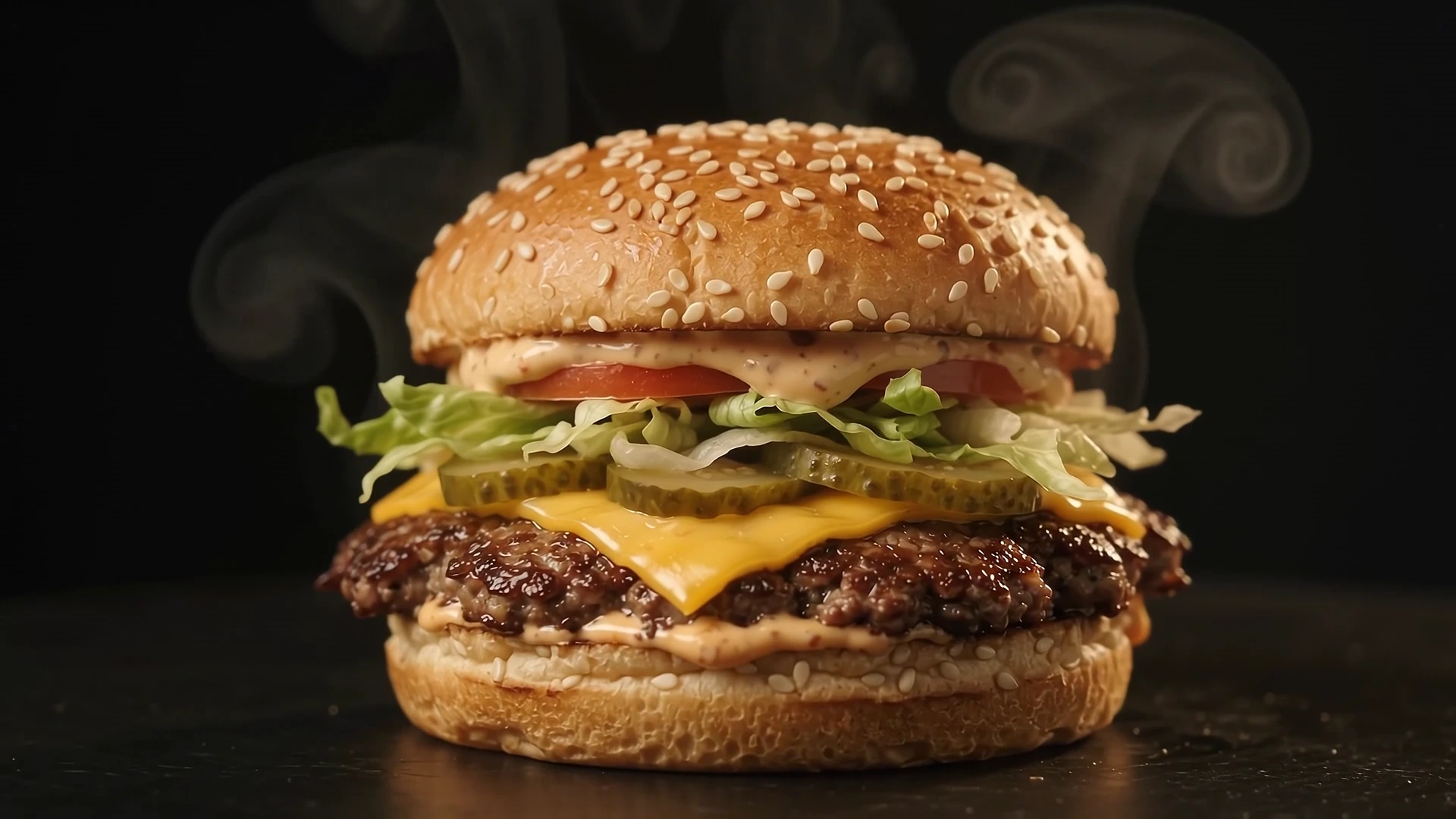 A smash beef burger with melted cheddar, caramelized onions, pickles and fresh toppings